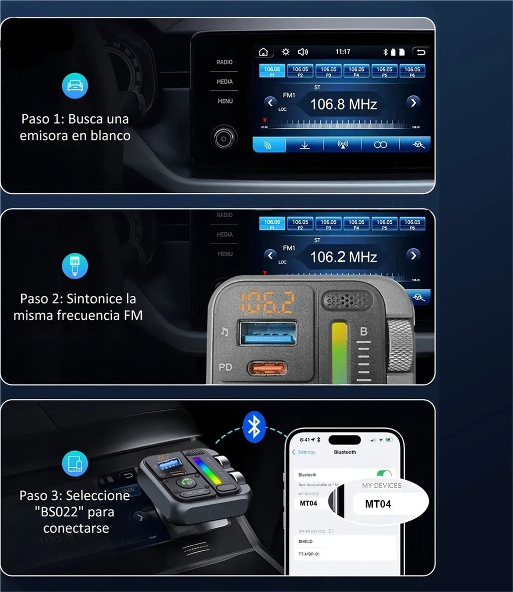 Transmisor Bluetooth para coche con carga rápida USB | Zaligan
